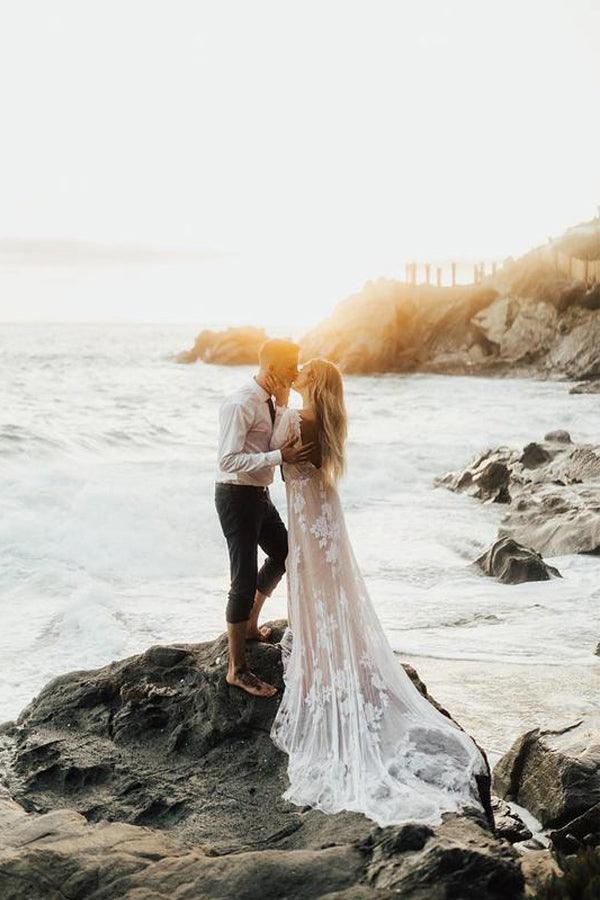 Charming Bateau Lace Long Sleeves Beach Wedding Dress