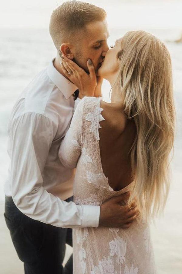 Charming Bateau Lace Long Sleeves Beach Wedding Dress