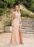 Elegant Sleeveless V Neck Mermaid Floor Length Dress With Appliques