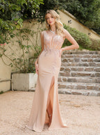 Elegant Sleeveless V Neck Mermaid Floor Length Dress With Appliques