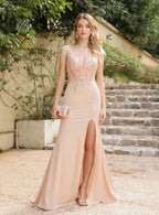 Elegant Sleeveless V Neck Mermaid Floor Length Dress With Appliques