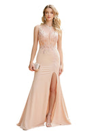 Elegant Sleeveless V Neck Mermaid Floor Length Dress With Appliques