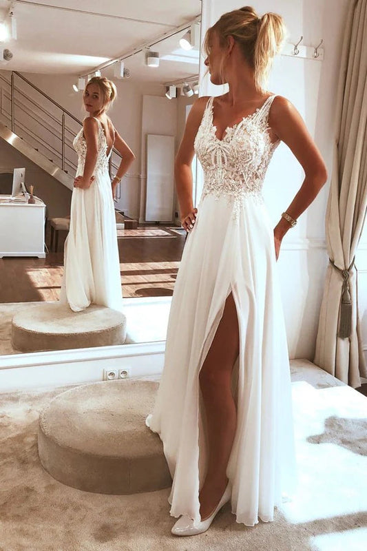 Charming Spaghetti straps Appliques Lace Split Beach Wedding Dress