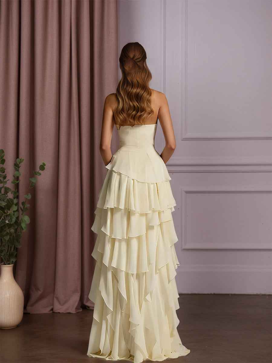 Elegant Strapless Ruffles Long Prom Dress With Tiered A Line Skirt