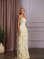 Elegant Strapless Ruffles Long Prom Dress With Tiered A Line Skirt