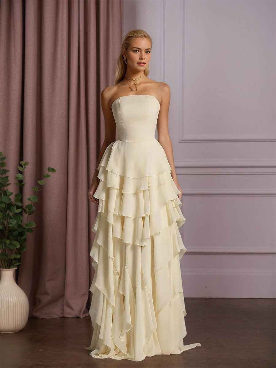 Elegant Strapless Ruffles Long Prom Dress With Tiered A Line Skirt