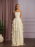 Elegant Strapless Ruffles Long Prom Dress With Tiered A Line Skirt
