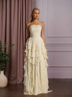 Elegant Strapless Ruffles Long Prom Dress With Tiered A Line Skirt