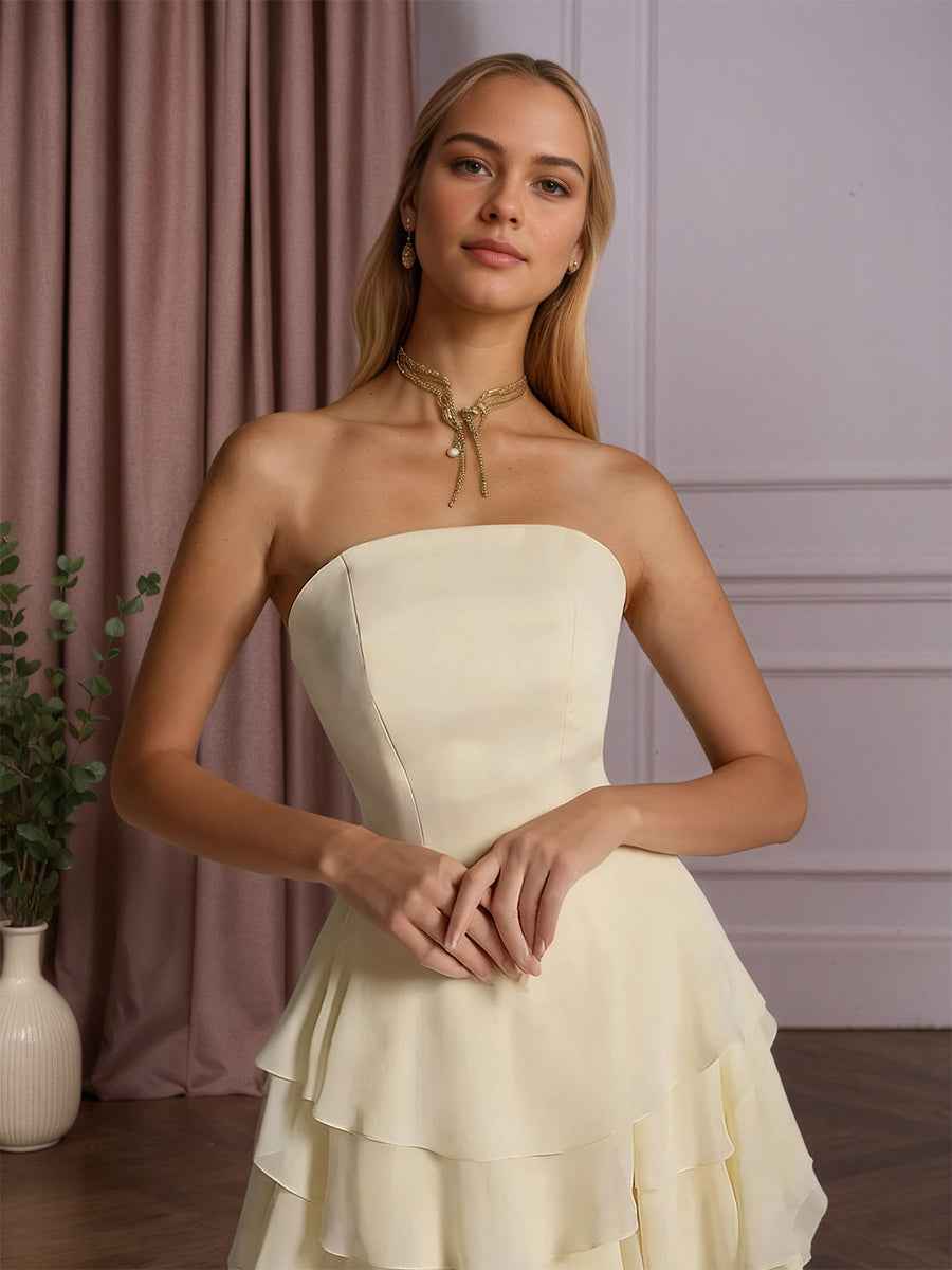 Elegant Strapless Ruffles Long Prom Dress With Tiered A Line Skirt