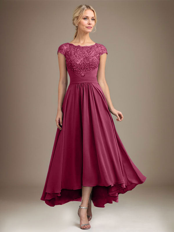 Robe de mère de la mariée en mousseline de soie à dentelle asymétrique illusion en décolleté arrondi et coupe en A avec plis