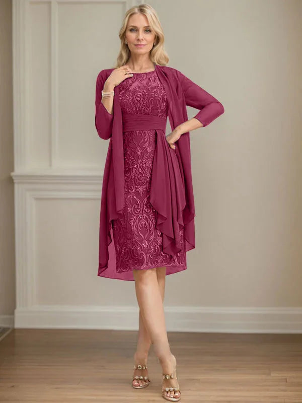 Abito da madre della sposa in pizzo e chiffon con gonna a colonna a effetto illusion fino al ginocchio, con balze a cascata e paillettes