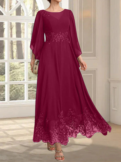 A-Linie, U-Ausschnitt, Illusion, knöchellang, Spitzen-Chiffon, Kleid für die Brautmutter mit Pailletten 