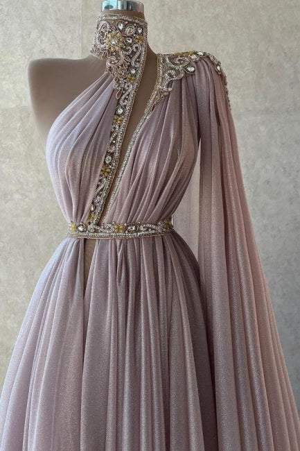 Eleganti Abiti da Sera in Pizzo Rosa Polveroso a Collo Alto con Brillantini