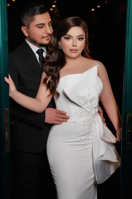 Vestido de Noiva Longo Chic Sereia Simples em Cetim Sem Alças com Renda