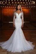 Elegant White Mermaid Lace Beaded Tulle Wedding Dress With Long Sleeves