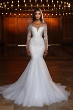 Elegant White Mermaid Lace Beaded Tulle Wedding Dress With Long Sleeves