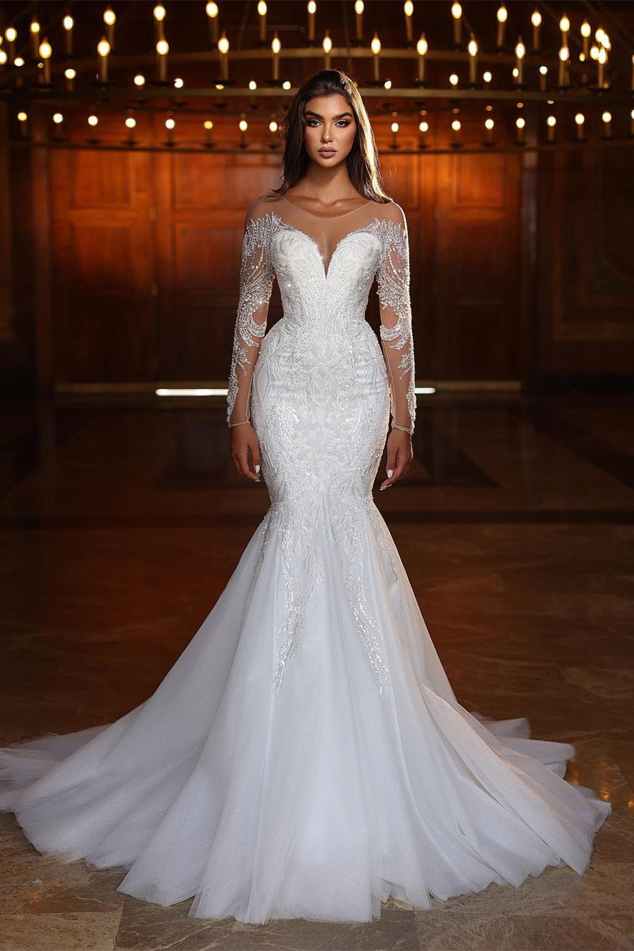 Elegant White Mermaid Lace Beaded Tulle Wedding Dress With Long Sleeves