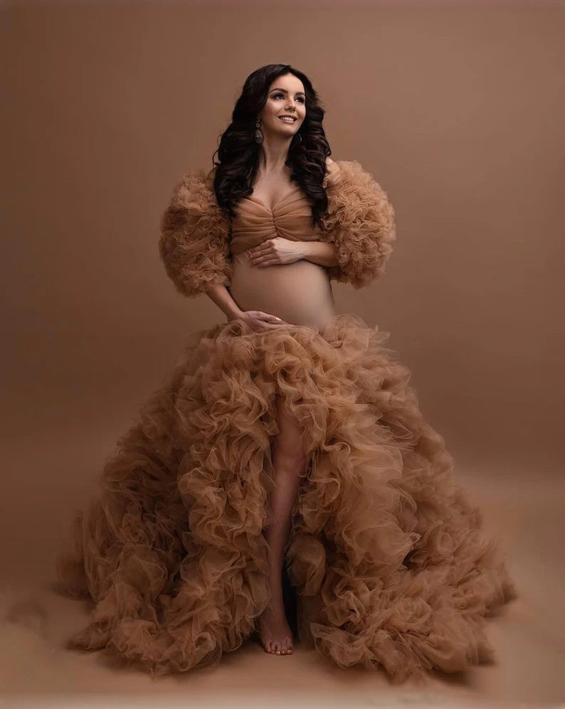Chic Maternity Tulle Gown Maternity Dress Champagne Tulle Maternity Dresses for Photo Shoot Robe Pregnant Women Formal Gowns