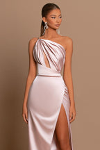 Vestidos longos de cetim para baile de finalistas simples, em linha A, com um ombro só e racha