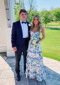 Blue And White Floral Print A Line Tiered Prom Dress With Tie Straps