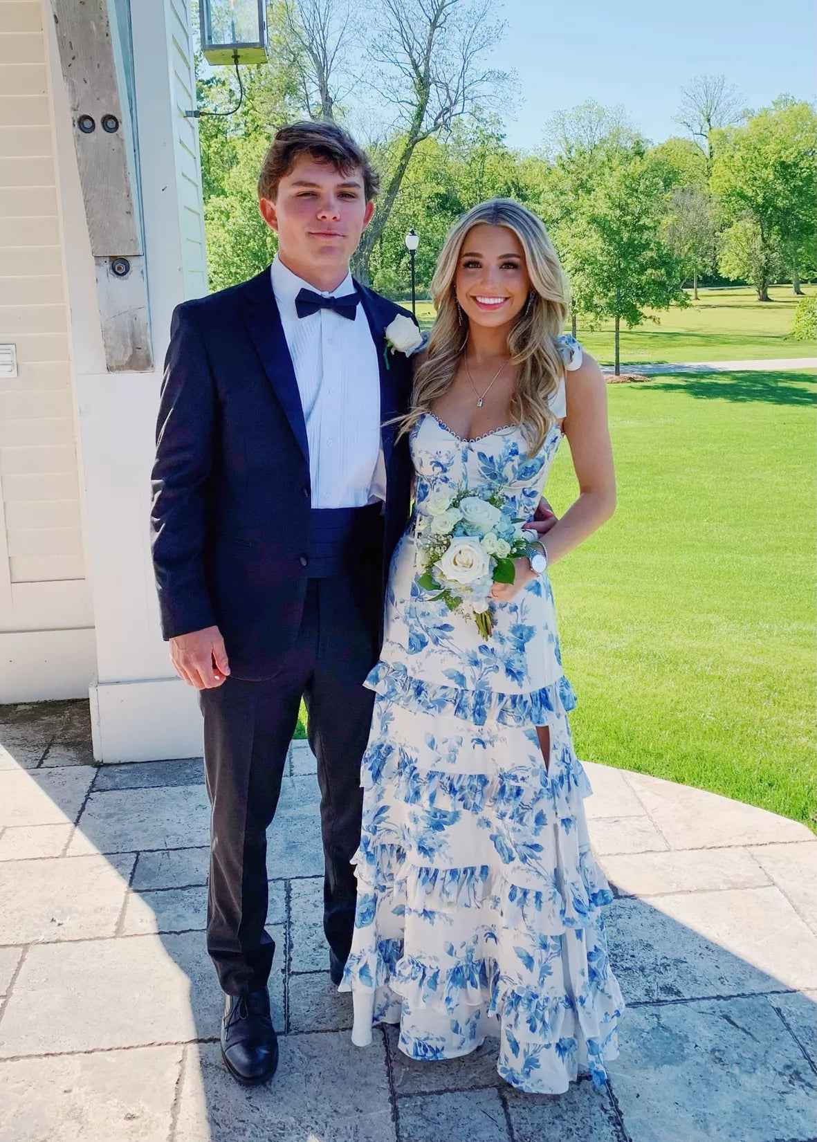 Blue And White Floral Print A Line Tiered Prom Dress With Tie Straps