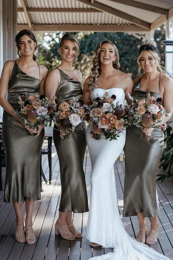 Abiti da damigella d'onore in raso elegante, modello aderente, lunghezza tè, abiti corti BD107