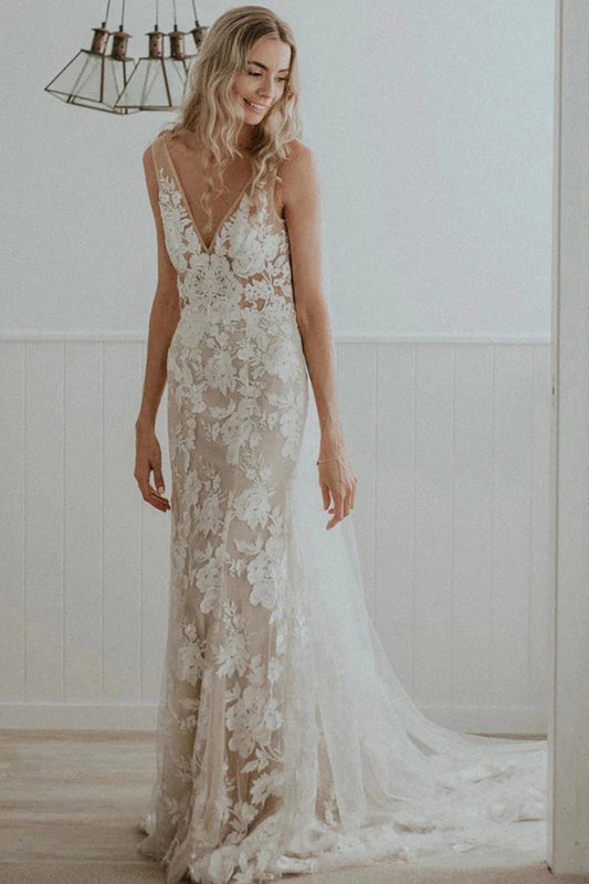Chic Sheath Column V Neck Floral Lace Rustic Wedding Dress Bridal Gown