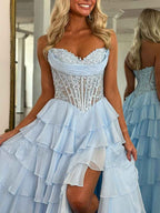 Pale Yellow Chiffon Empire A Line Strapless Prom Dress With Tiered Ruffles Slit