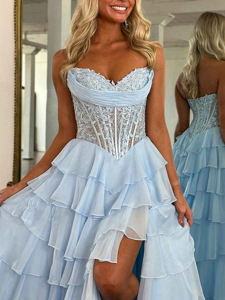 Pale Yellow Chiffon Empire A Line Strapless Prom Dress With Tiered Ruffles Slit