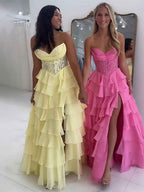 Pale Yellow Chiffon Empire A Line Strapless Prom Dress With Tiered Ruffles Slit