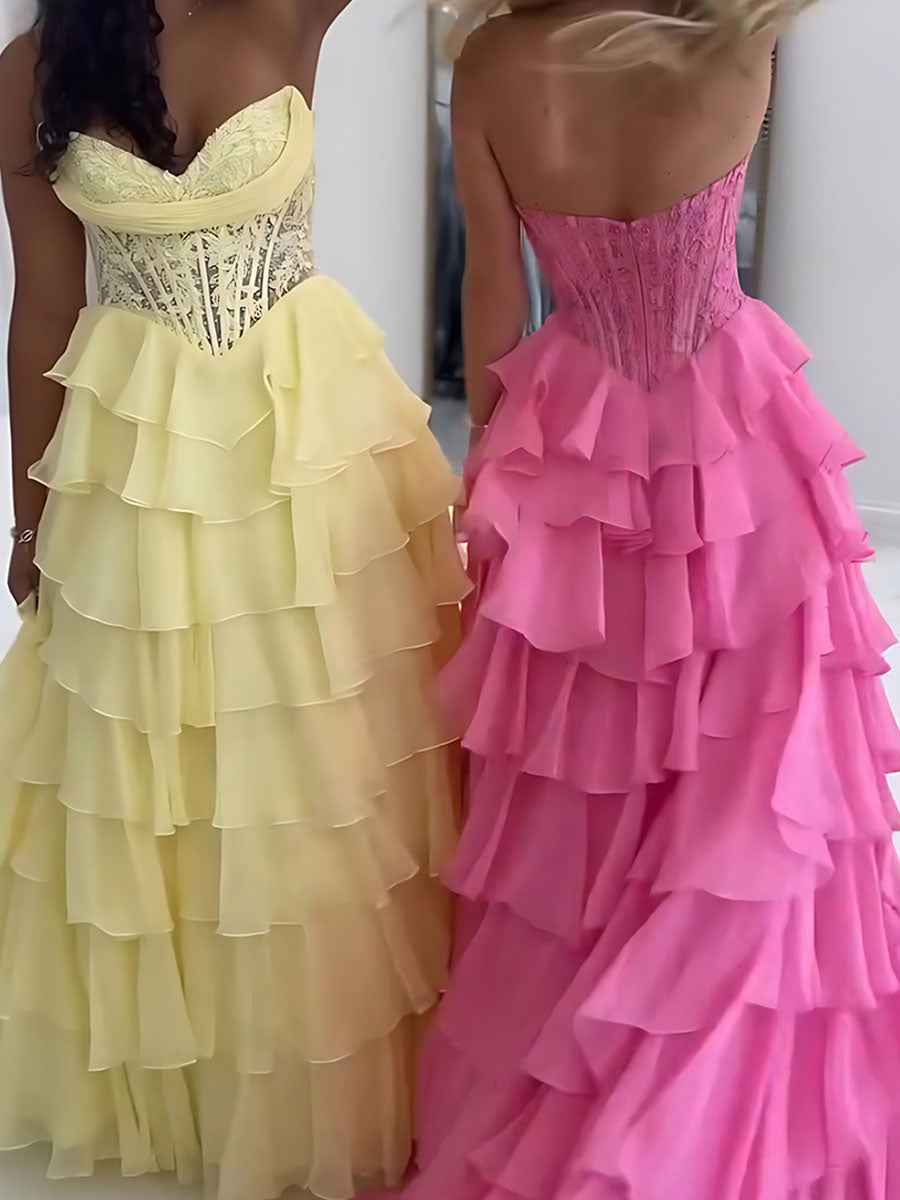 Pale Yellow Chiffon Empire A Line Strapless Prom Dress With Tiered Ruffles Slit