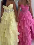Pale Yellow Chiffon Empire A Line Strapless Prom Dress With Tiered Ruffles Slit