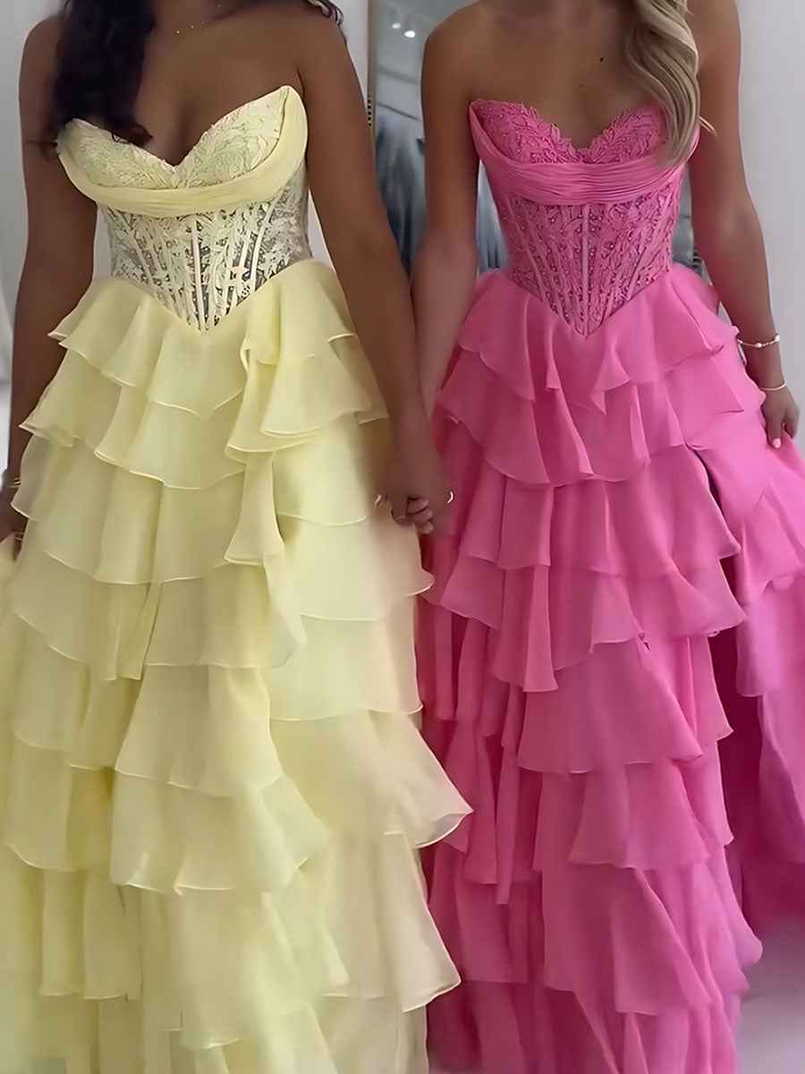 Pale Yellow Chiffon Empire A Line Strapless Prom Dress With Tiered Ruffles Slit