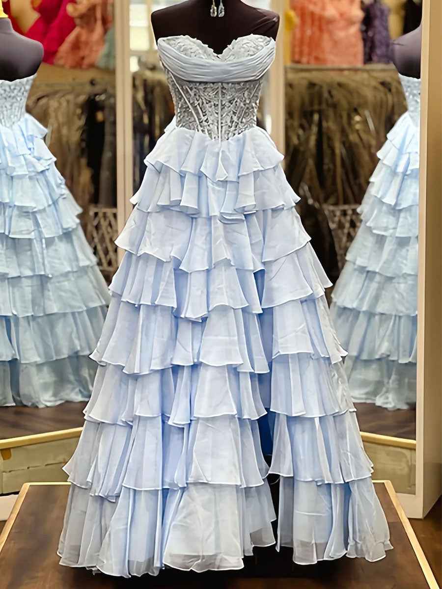 Pale Yellow Chiffon Empire A Line Strapless Prom Dress With Tiered Ruffles Slit