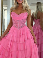 Pale Yellow Chiffon Empire A Line Strapless Prom Dress With Tiered Ruffles Slit
