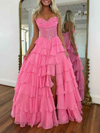 Pale Yellow Chiffon Empire A Line Strapless Prom Dress With Tiered Ruffles Slit
