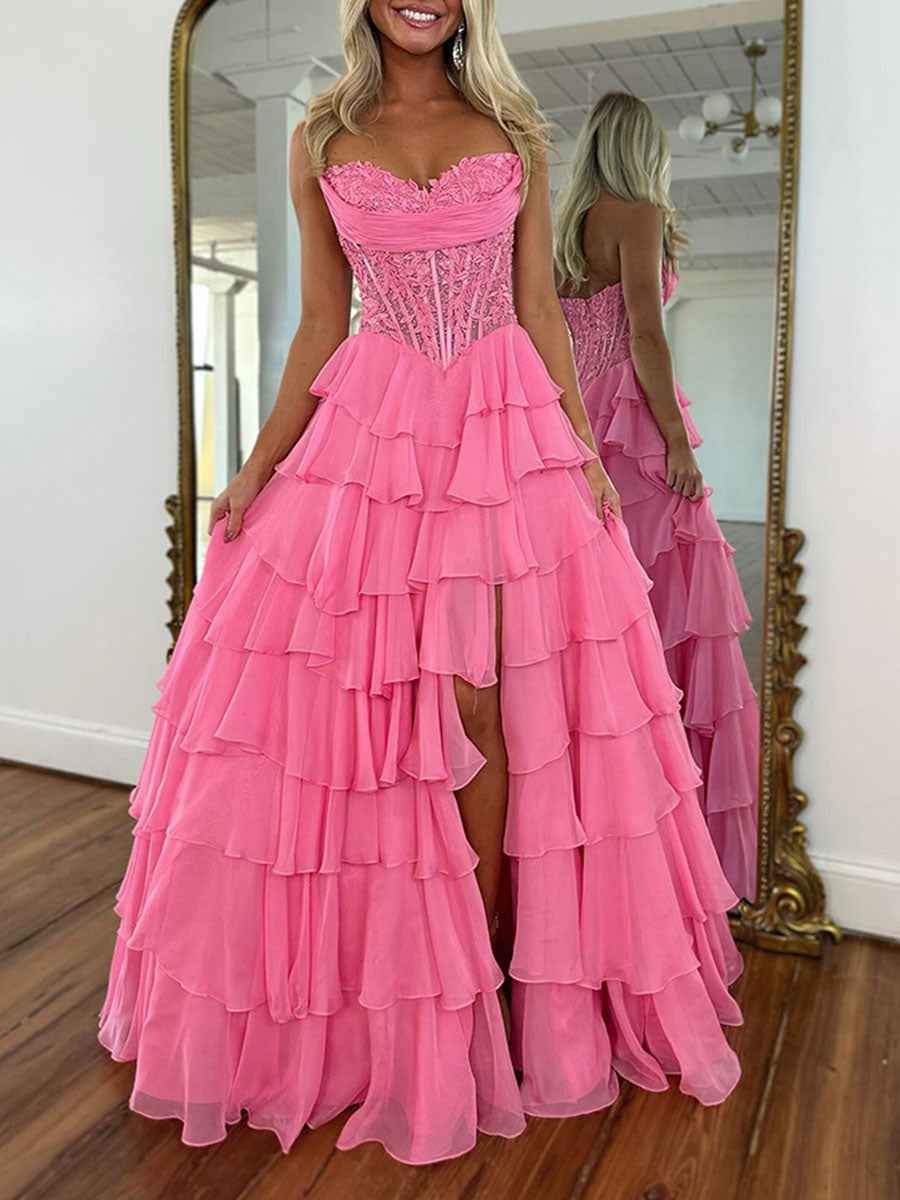 Pale Yellow Chiffon Empire A Line Strapless Prom Dress With Tiered Ruffles Slit