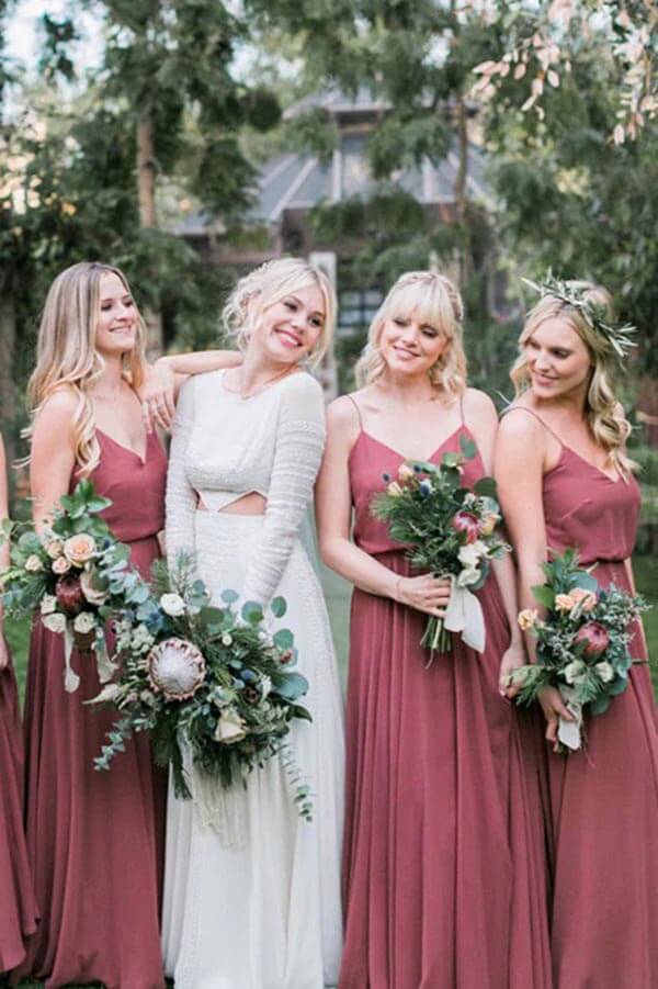 Chiffon A-line V-neck Spaghetti Straps Pleated Long Bridesmaid Dresses