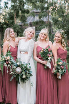 Chiffon A-line V-neck Spaghetti Straps Pleated Long Bridesmaid Dresses