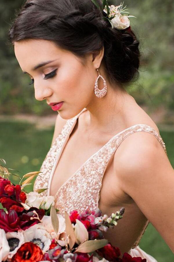 Chiffon Sequins A-line V-neck Long Bridesmaid Dresses With Bowknot