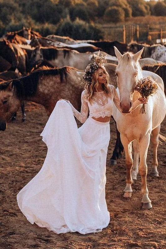 Chiffon Zweiteilige Brautkleider A-Linie Lange Ärmel Brautkleid