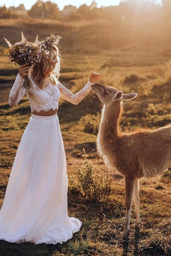 Chiffon Two Pieces Wedding Dresses A-line Long Sleeves Bridal Gown