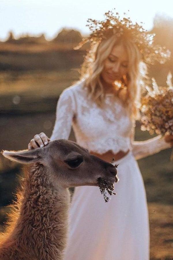 Robes de mariée en deux pièces en mousseline, ligne A, manches longues, robe nuptiale