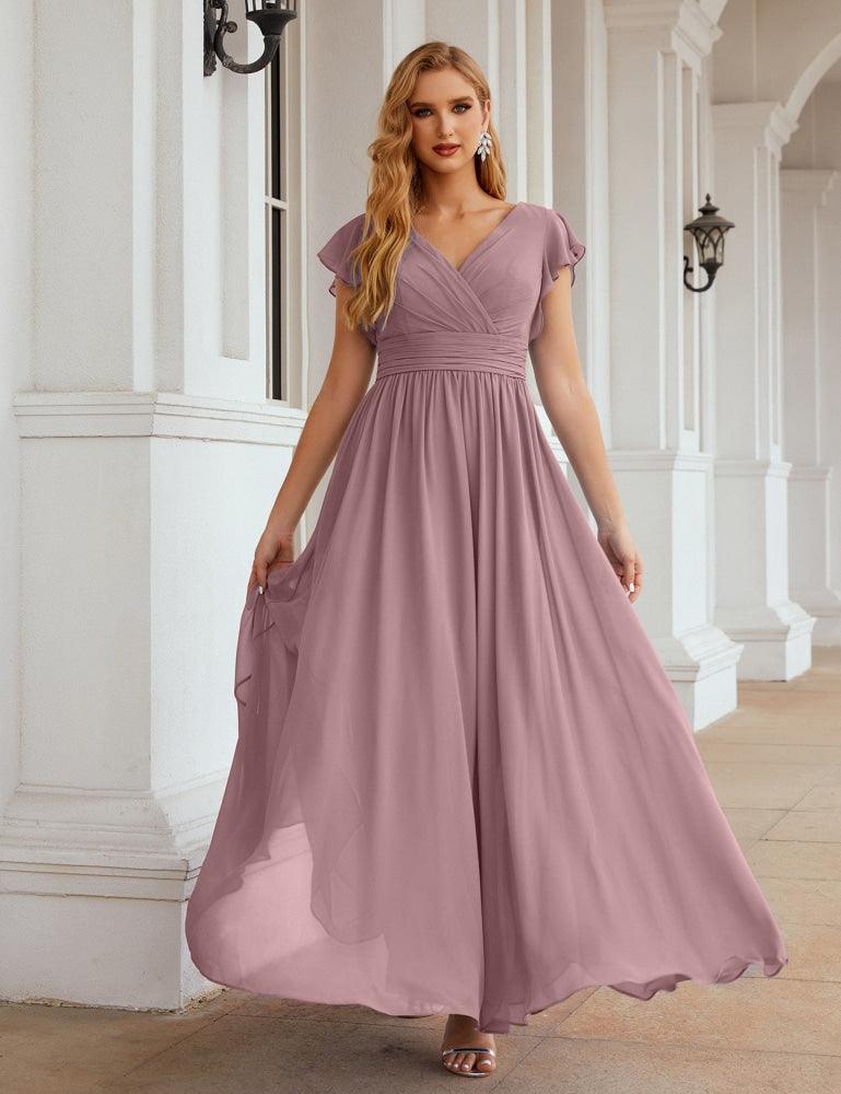 Vestido de Dama de Honra Decote em V Comprido e Sem Costas para Ocasiões Formais 28024