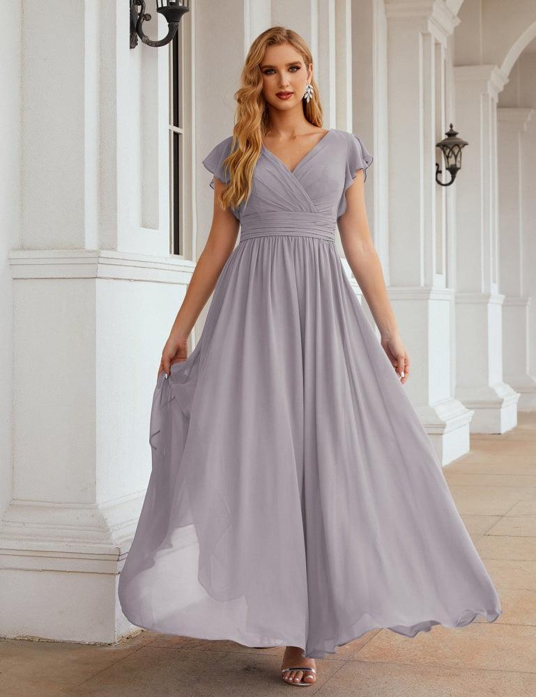 Vestido de Dama de Honra Decote em V Comprido e Sem Costas para Ocasiões Formais 28024