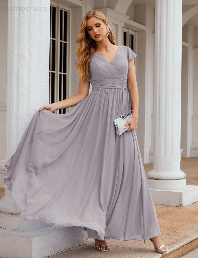 Vestido de Dama de Honra Decote em V Comprido e Sem Costas para Ocasiões Formais 28024