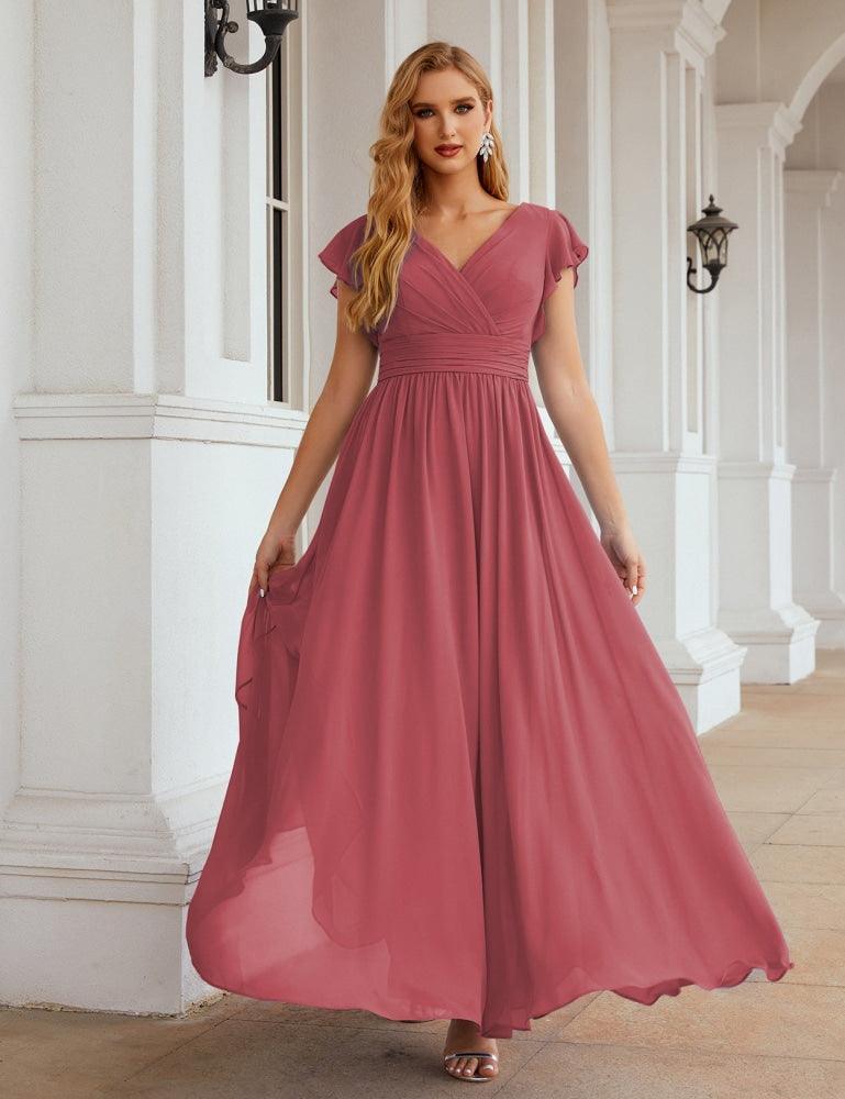 Vestido de Dama de Honra Decote em V Comprido e Sem Costas para Ocasiões Formais 28024
