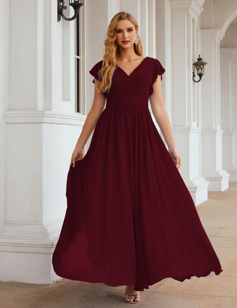 Vestido de Dama de Honra Decote em V Comprido e Sem Costas para Ocasiões Formais 28024