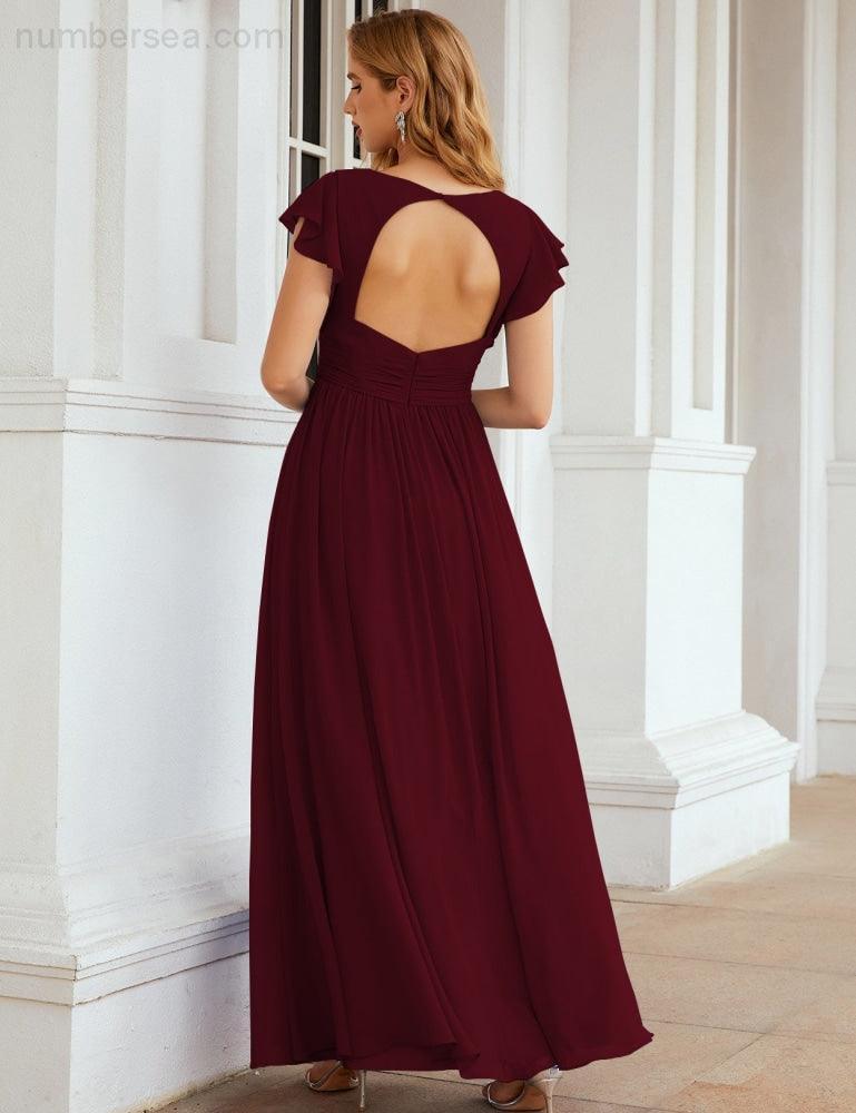 Vestido de Dama de Honra Decote em V Comprido e Sem Costas para Ocasiões Formais 28024