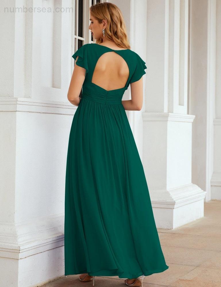 Vestido de Dama de Honra Decote em V Comprido e Sem Costas para Ocasiões Formais 28024